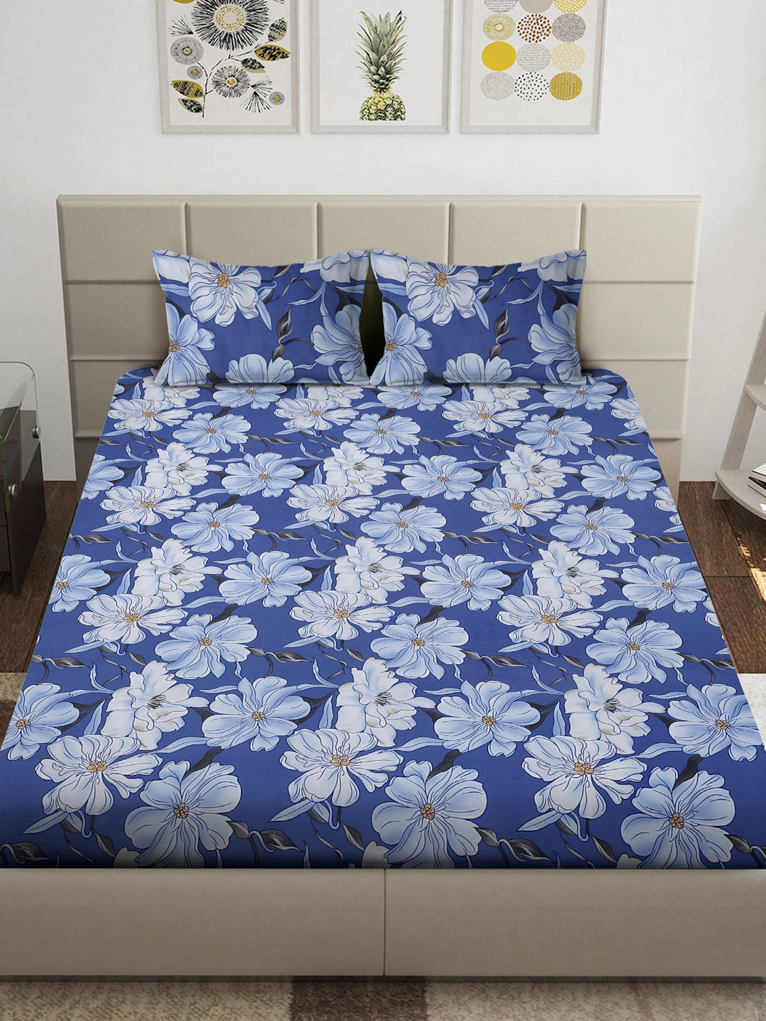 Arrabi Blue Floral TC Cotton Blend Super King Size Bedsheet with 2 Pillow Covers (270 x 260 cm)