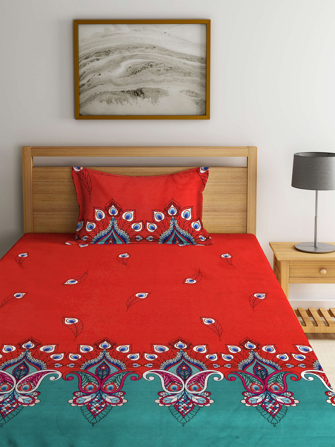 Arrabi Red Indian TC Cotton Blend Single Size Fitted Bedsheet with 1 Pillow Cover (220 X 150 cm)