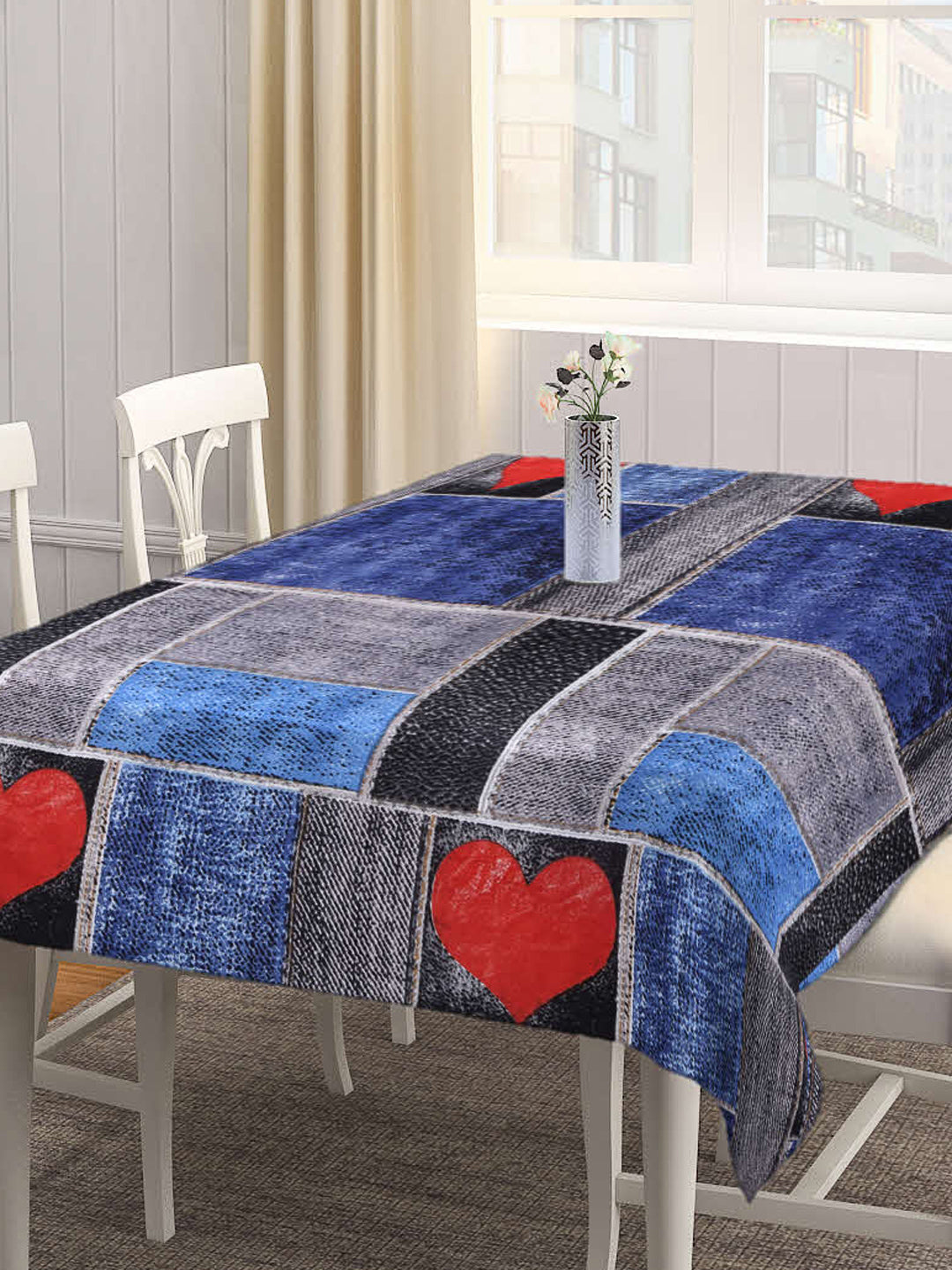 Arrabi Blue Graphic Cotton Blend 8 SEATER Table Cover (225 X 150 cm)