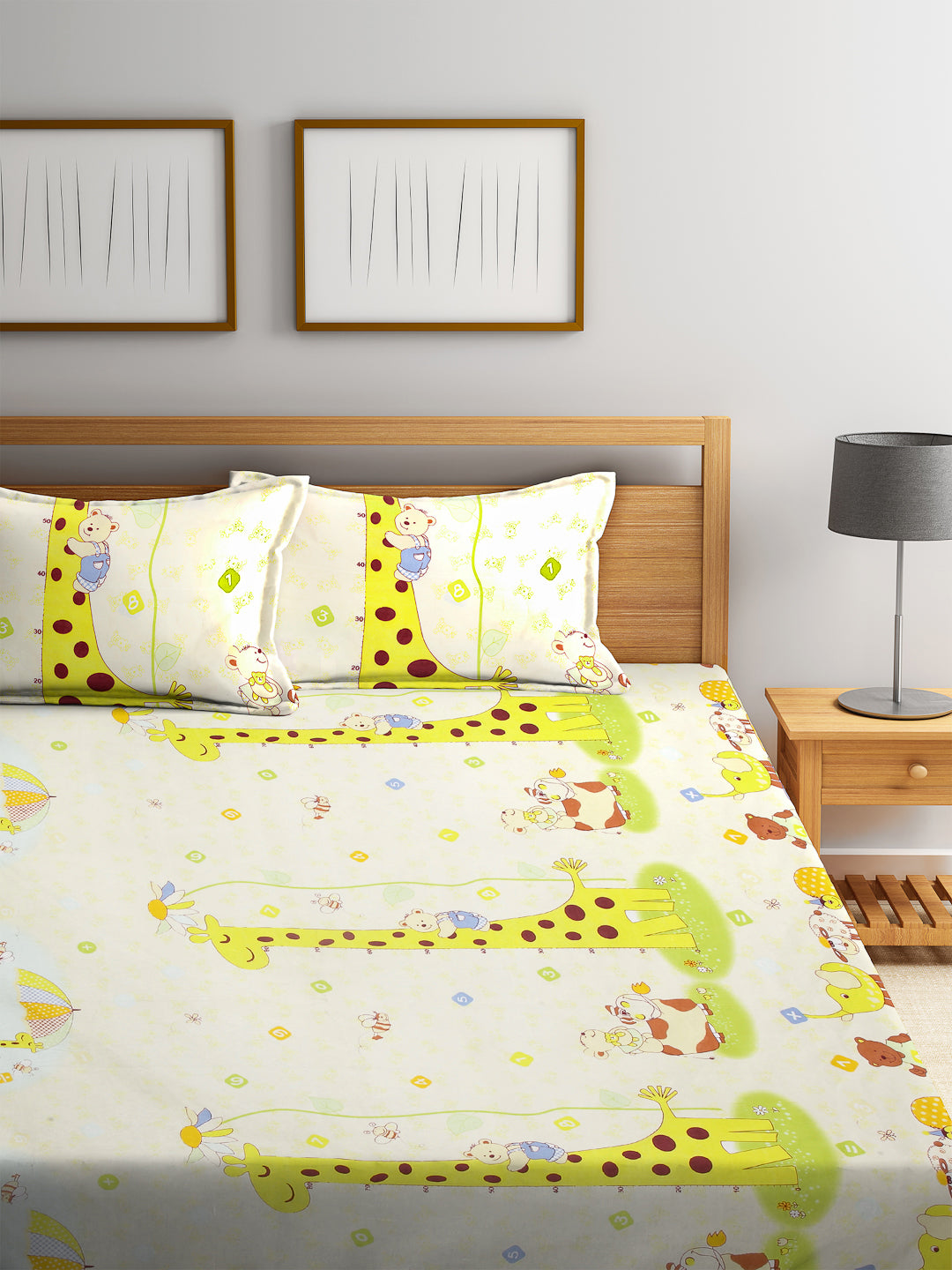 Arrabi Yellow Cartoon TC Cotton Blend King Size Bookfold Bedsheet with 2 Pillow Covers (250 X 220 cm)