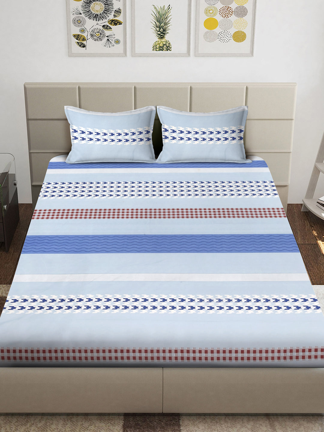 Arrabi Blue Geometric TC Cotton Blend King Size Bedsheet with 2 Pillow Covers (250 x 215 cm)