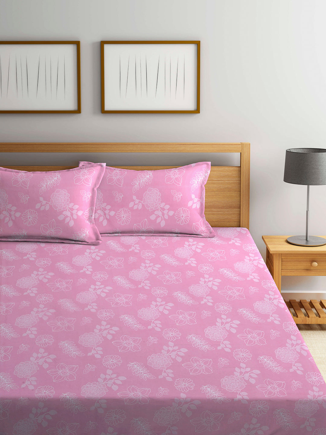 Arrabi Pink Floral TC Cotton Blend King Size Bookfold Bedsheet with 2 Pillow Covers (250 X 220 cm)