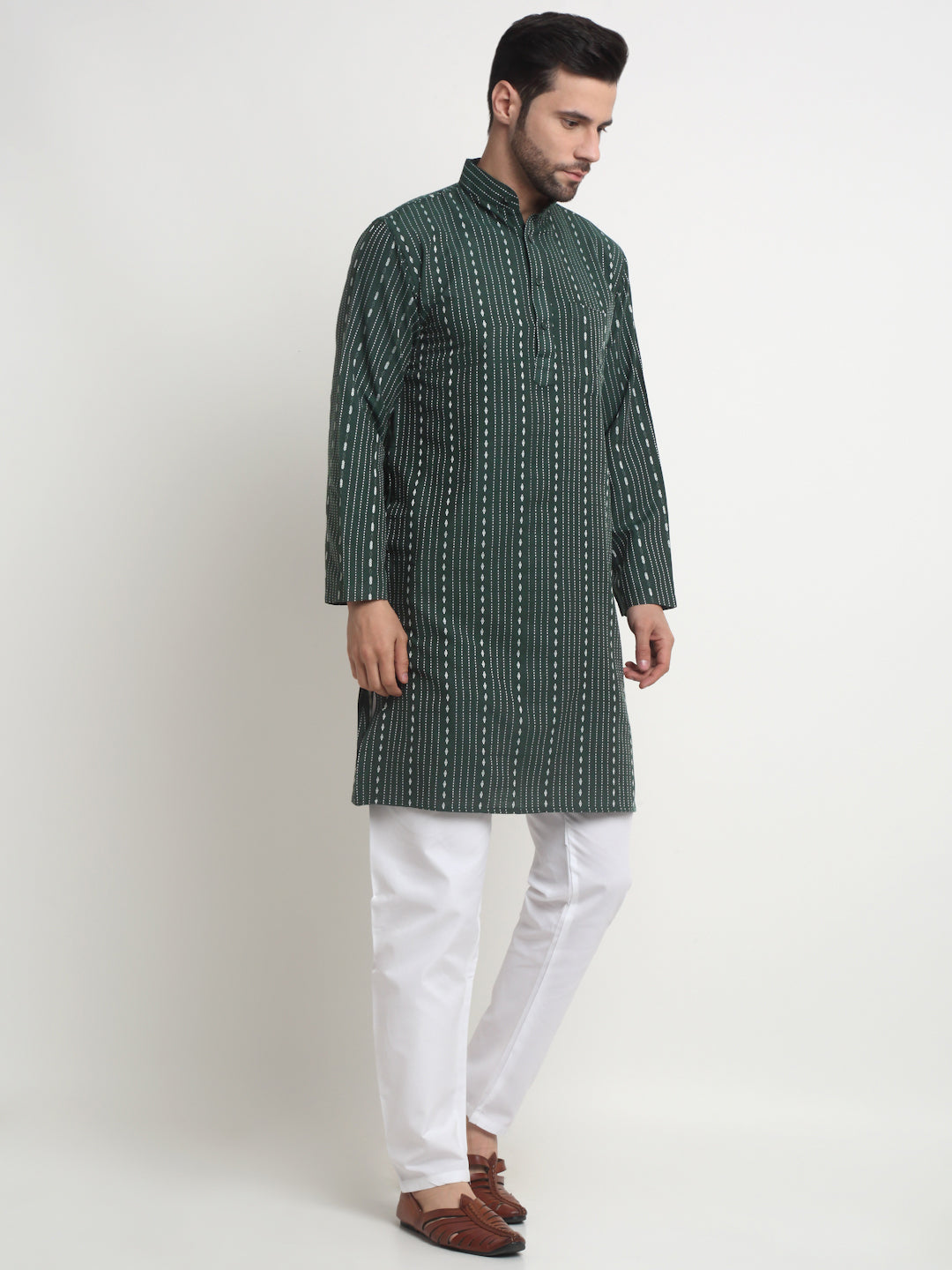 Arrabi Men Indian Fashion Green Pure Cotton Geometric Straight Kurta