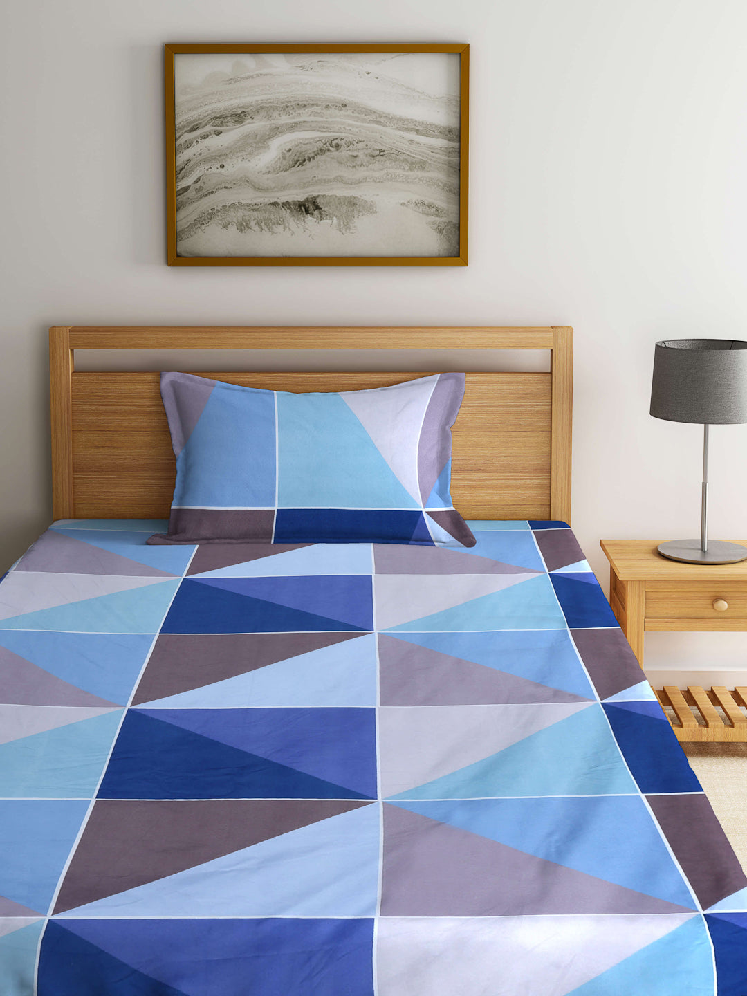 Arrabi Blue Geometric TC Cotton Blend Single Size Bedsheet with 1 Pillow Cover (215 x 150 cm)