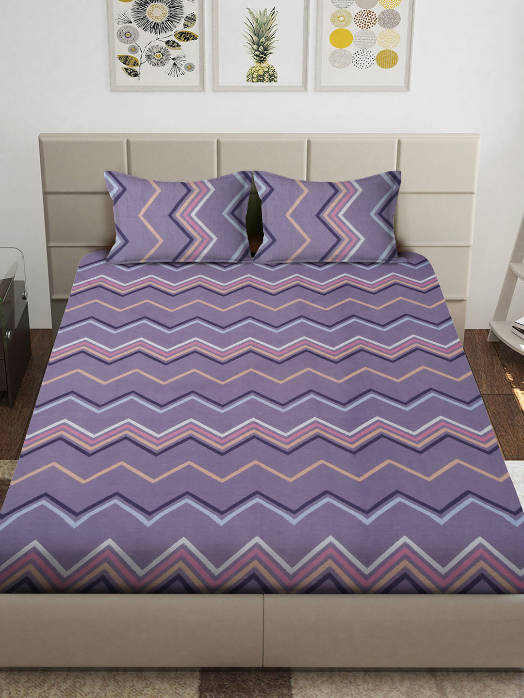 Arrabi Purple Geometric TC Cotton Blend King Size Bedsheet with 2 Pillow Covers (250 x 215 cm)