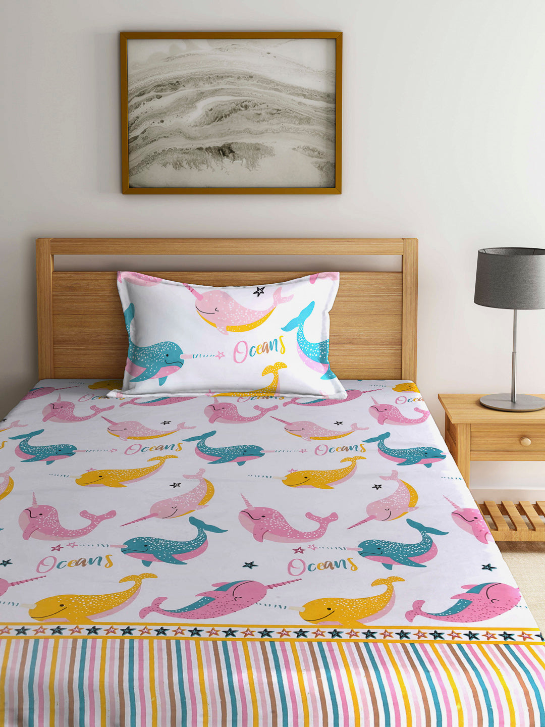 Arrabi White Cartoon TC Cotton Blend Single Size Fitted Bedsheet with 1 Pillow Cover (220 X 150 cm)