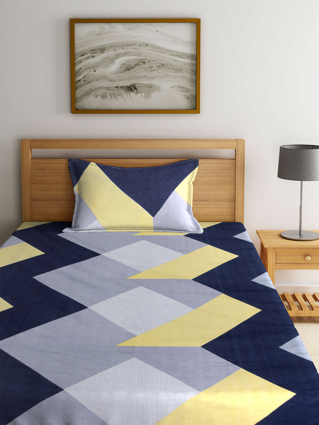 Arrabi Multi Geometric TC Cotton Blend Single Size Fitted Bedsheet with 1 Pillow Cover (220 X 150 cm)