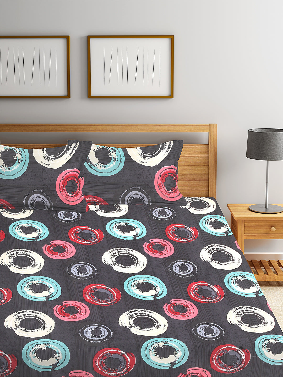 Arrabi Multi Geometric TC Cotton Blend King Size Bookfold Bedsheet with 2 Pillow Covers (250 X 220 cm)
