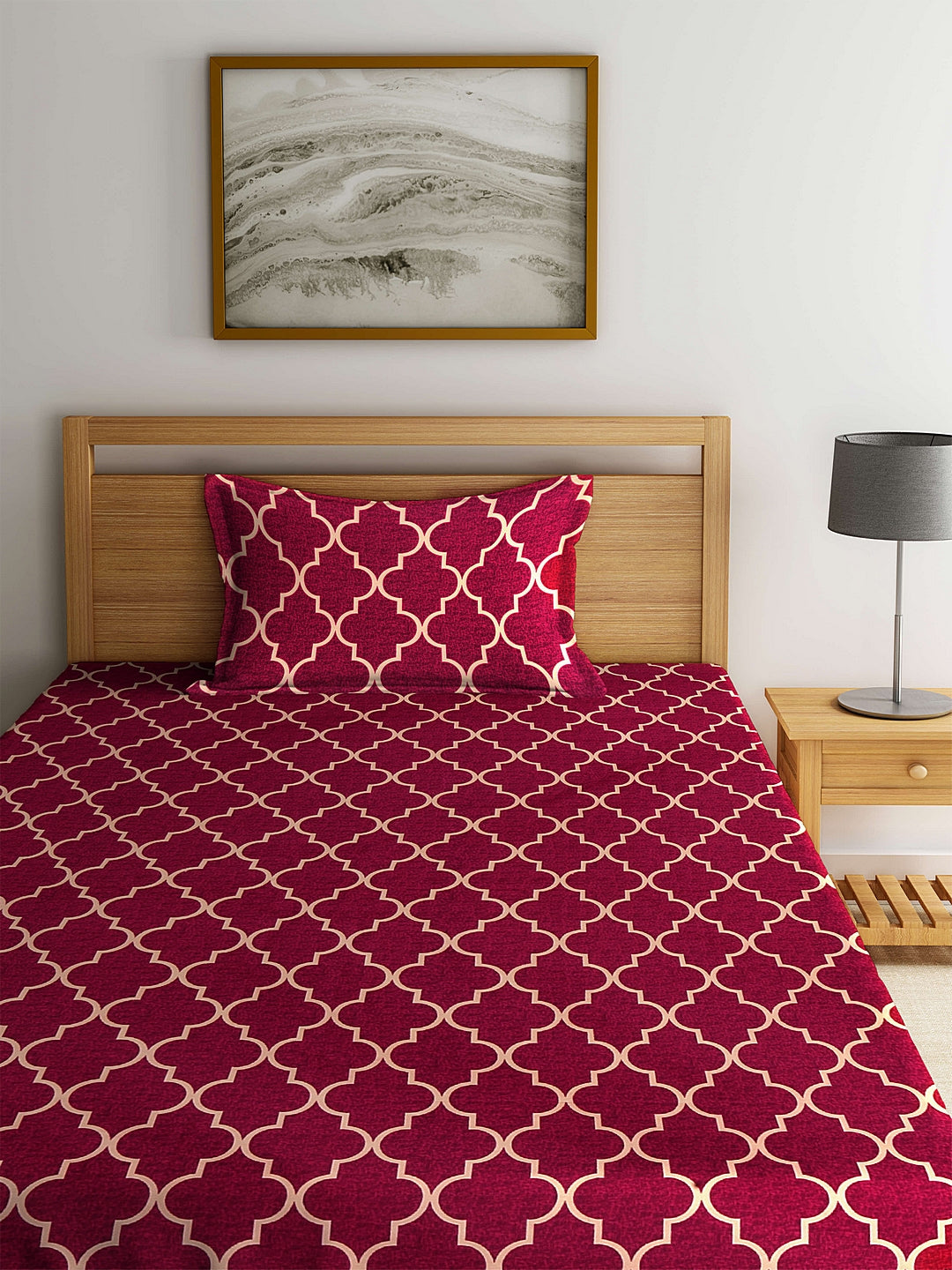 Arrabi Red Graphic TC Cotton Blend Single Size Fitted Bedsheet with 1 Pillow Cover (220 X 150 cm)