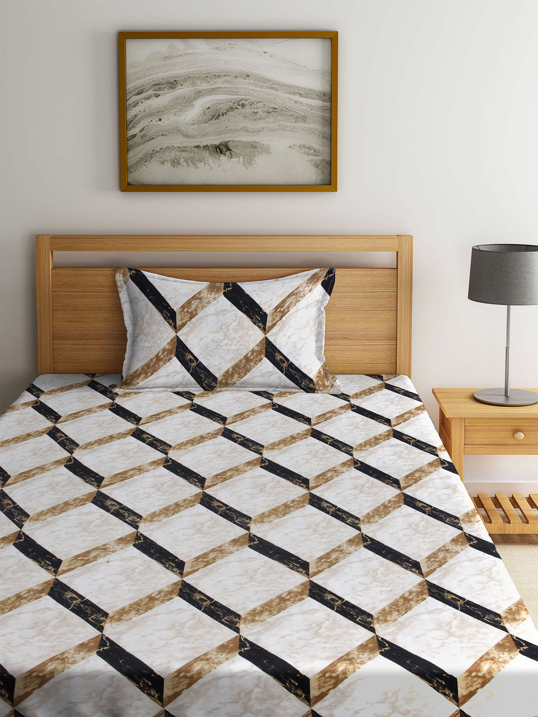 Arrabi Brown Geometric TC Cotton Blend Single Size Fitted Bedsheet with 1 Pillow Cover (220 X 150 cm)