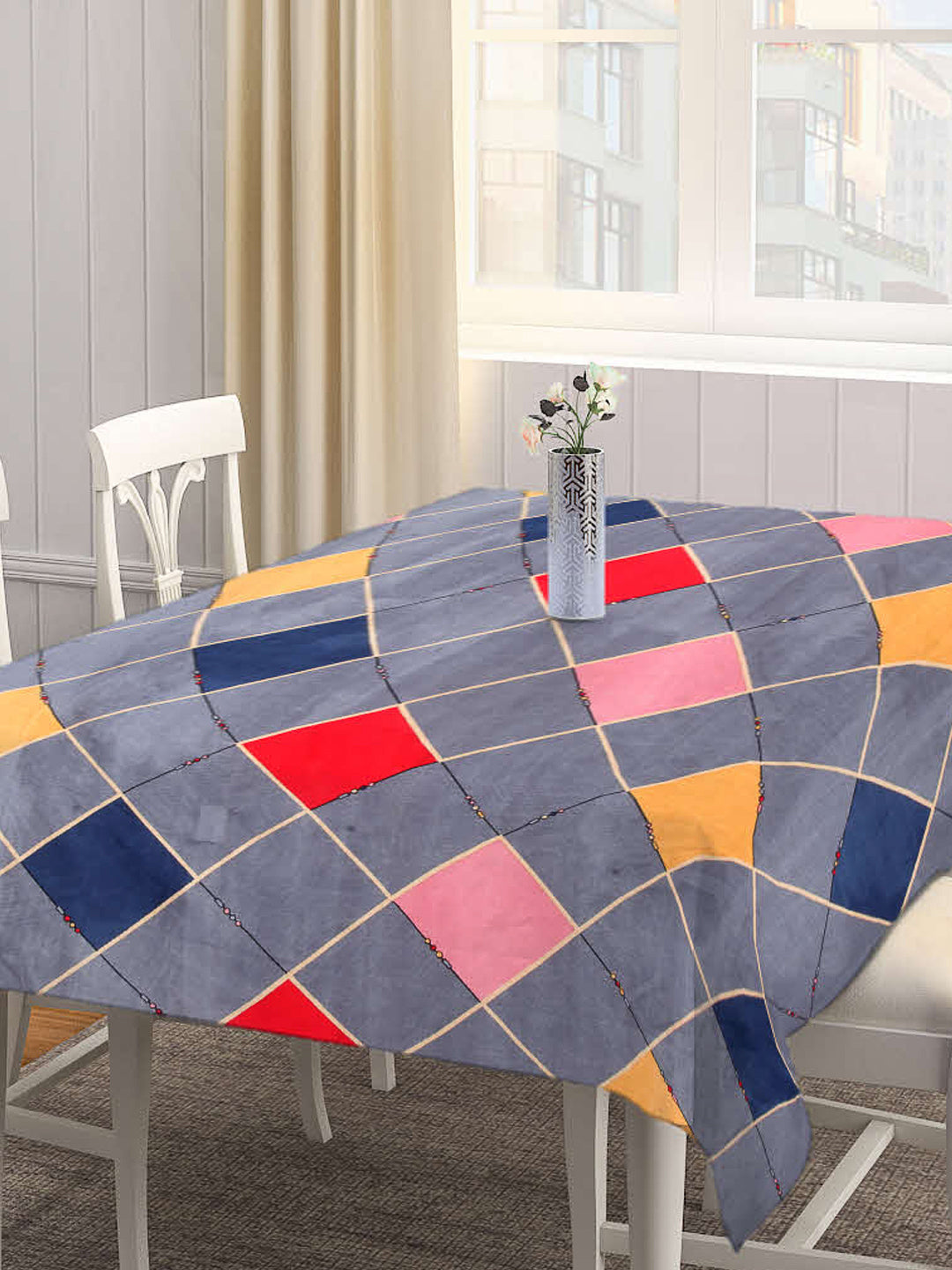 Arrabi Grey Geometric Cotton Blend 6 SEATER Table Cover (180 X 130 cm)