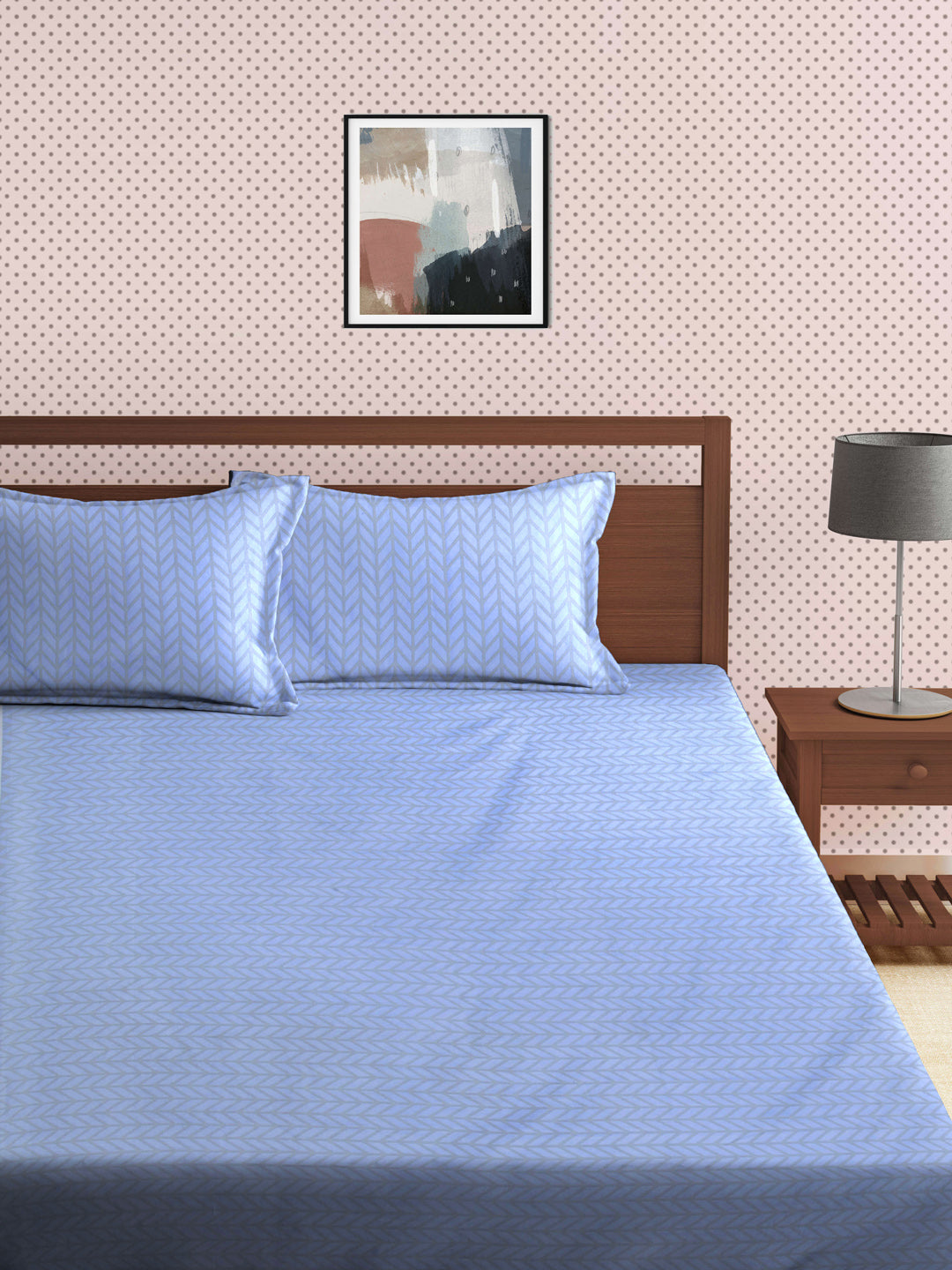 Arrabi Blue Graphic TC Cotton Blend King Size Bookfold Bedsheet with 2 Pillow Covers (250 X 220 cm)