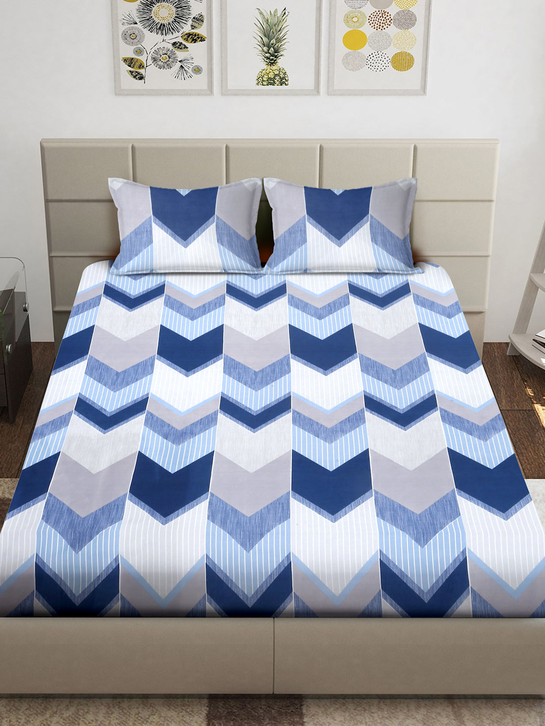 Arrabi Blue Geometric TC Cotton Blend King Size Bedsheet with 2 Pillow Covers (250 x 215 cm)