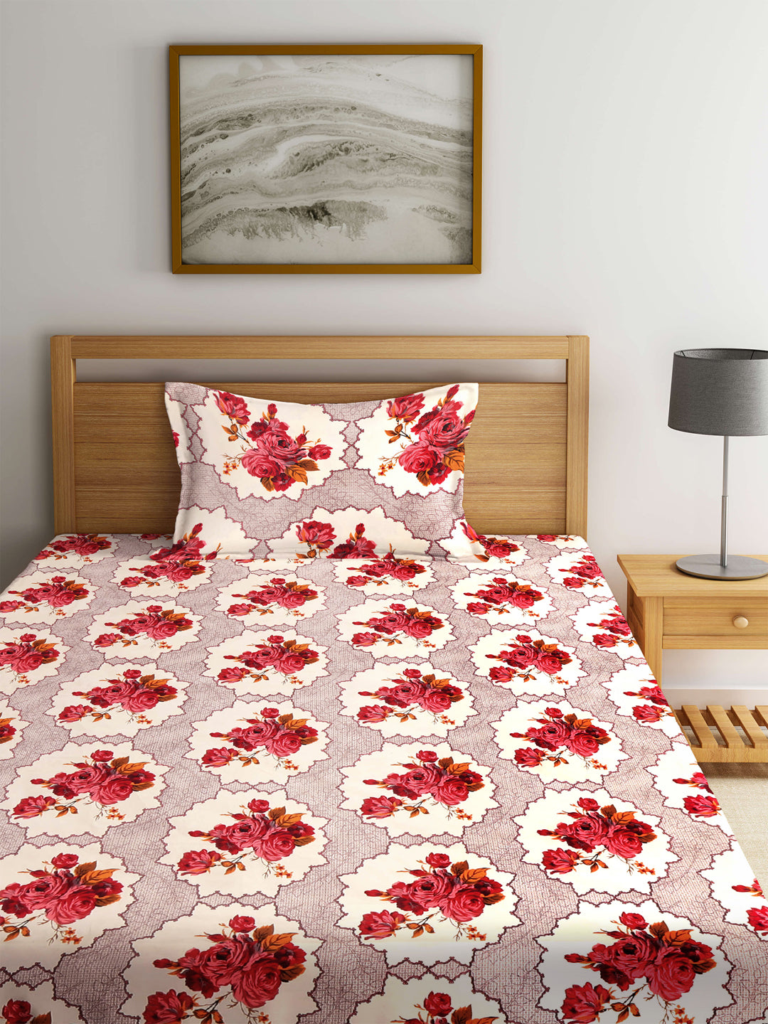 Arrabi Cream Floral TC Cotton Blend Single Size Fitted Bedsheet with 1 Pillow Cover (220 X 150 cm)