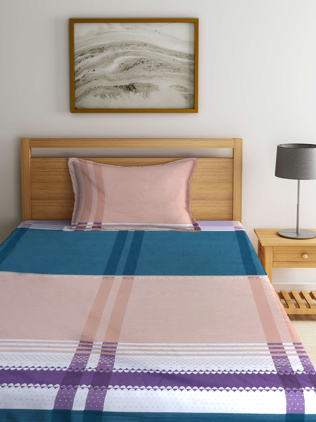 Arrabi Multi Stripes TC Cotton Blend Single Size Fitted Bedsheet with 1 Pillow Cover (215 X 150 cm)