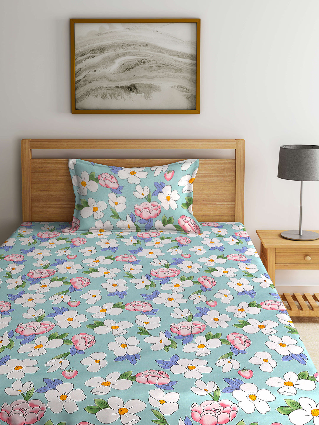 Arrabi Blue Floral TC Cotton Blend Single Size Bedsheet with 1 Pillow Cover (215 x 150 cm)