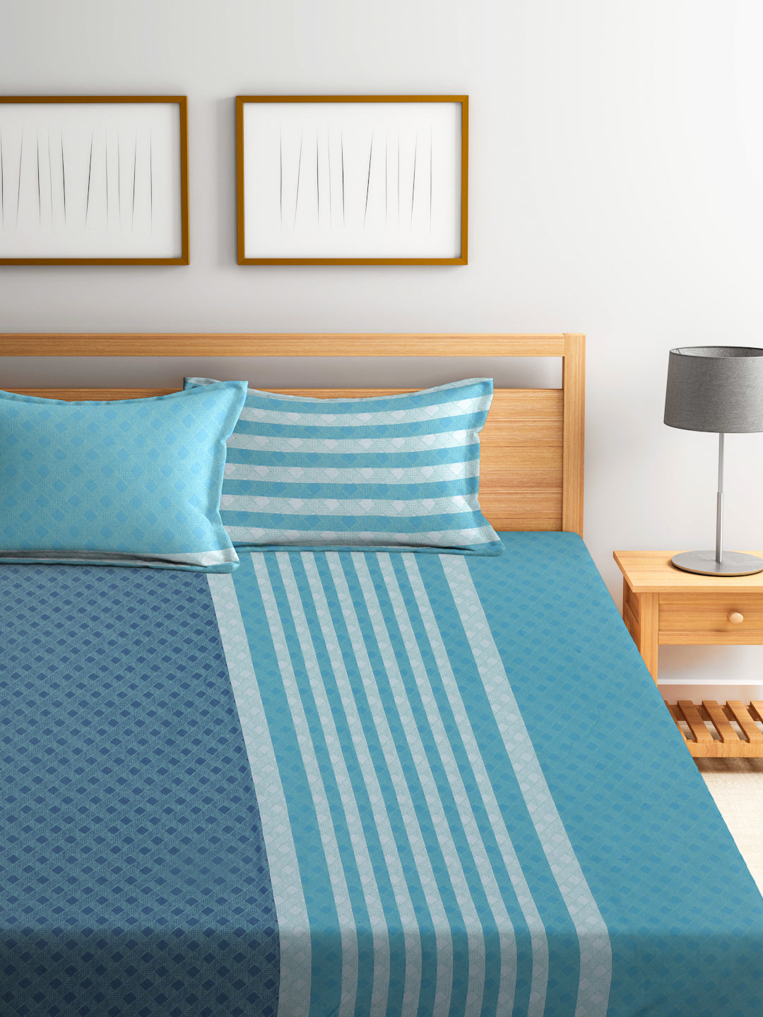 Arrabi Blue Stripes Handwoven Cotton King Size Bedsheet with 2 Pillow Covers (260 X 230 cm)