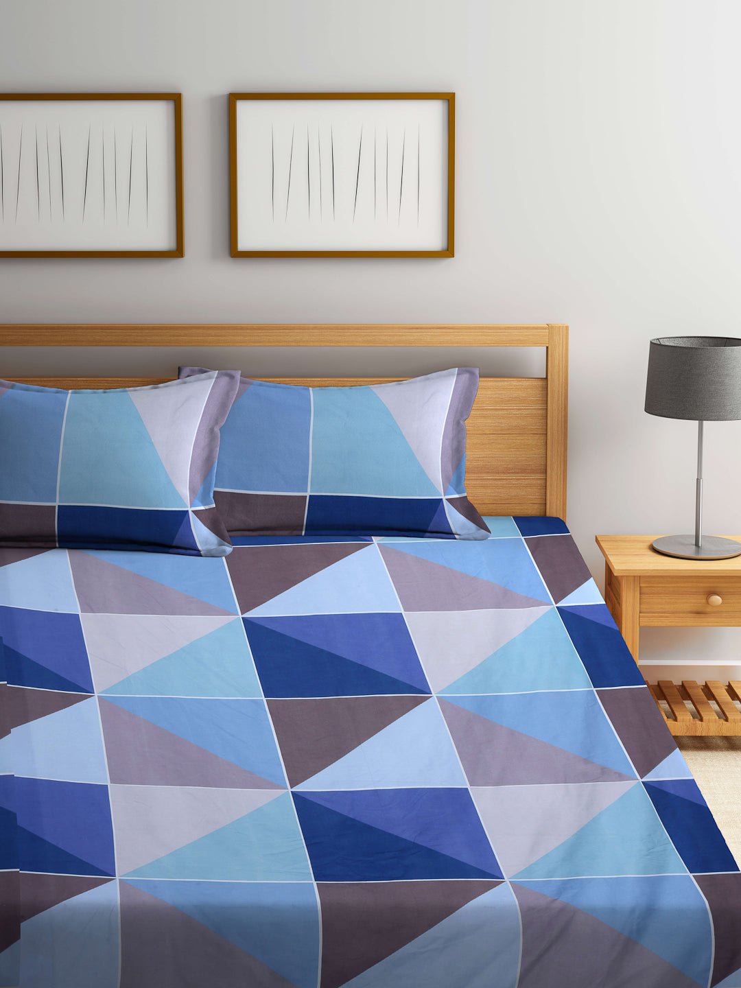 Arrabi Blue Geometric TC Cotton Blend King Size Bookfold Bedsheet with 2 Pillow Covers (250 X 215 cm)