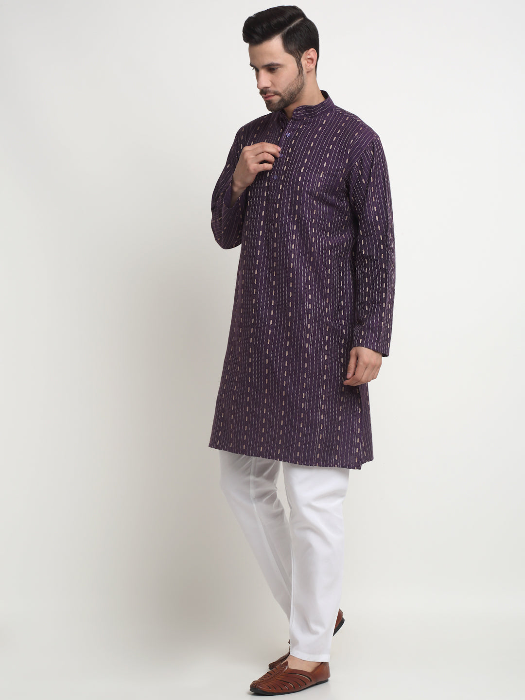 Arrabi Men Indian Fashion Purple Pure Cotton Geometric Straight Kurta