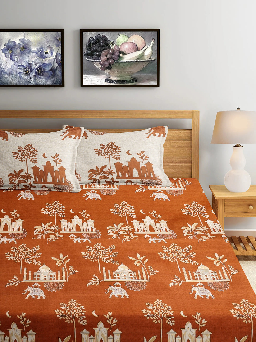 Arrabi Brown Floral TC Cotton Blend Super King Size Fitted Bedsheet with 2 Pillow Covers (270 X 260 Cm)