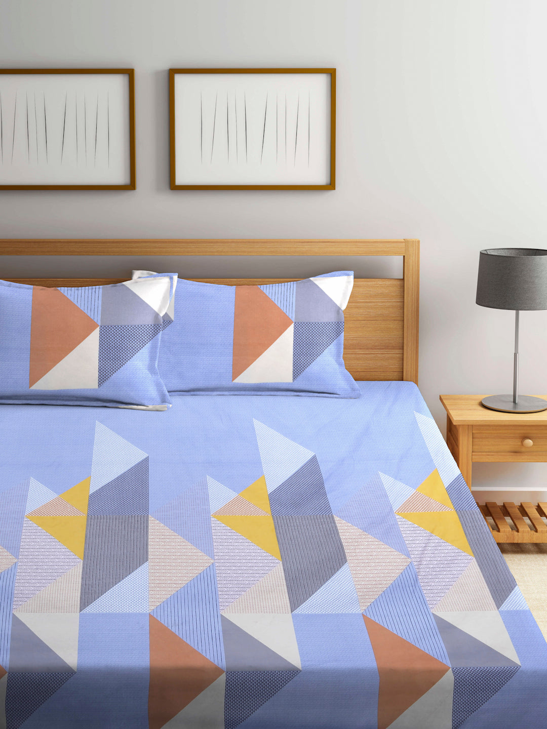 Arrabi Blue Geometric TC Cotton Blend King Size Bookfold Bedsheet with 2 Pillow Covers (250 X 220 cm)