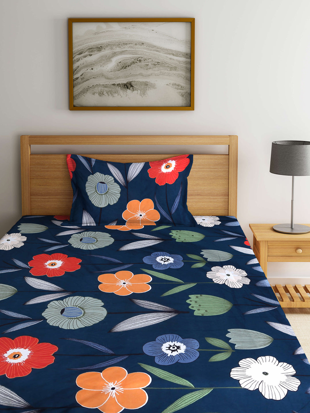 Arrabi Green Floral TC Cotton Blend Single Size Fitted Bedsheet with 1 Pillow Cover (215 X 150 cm)