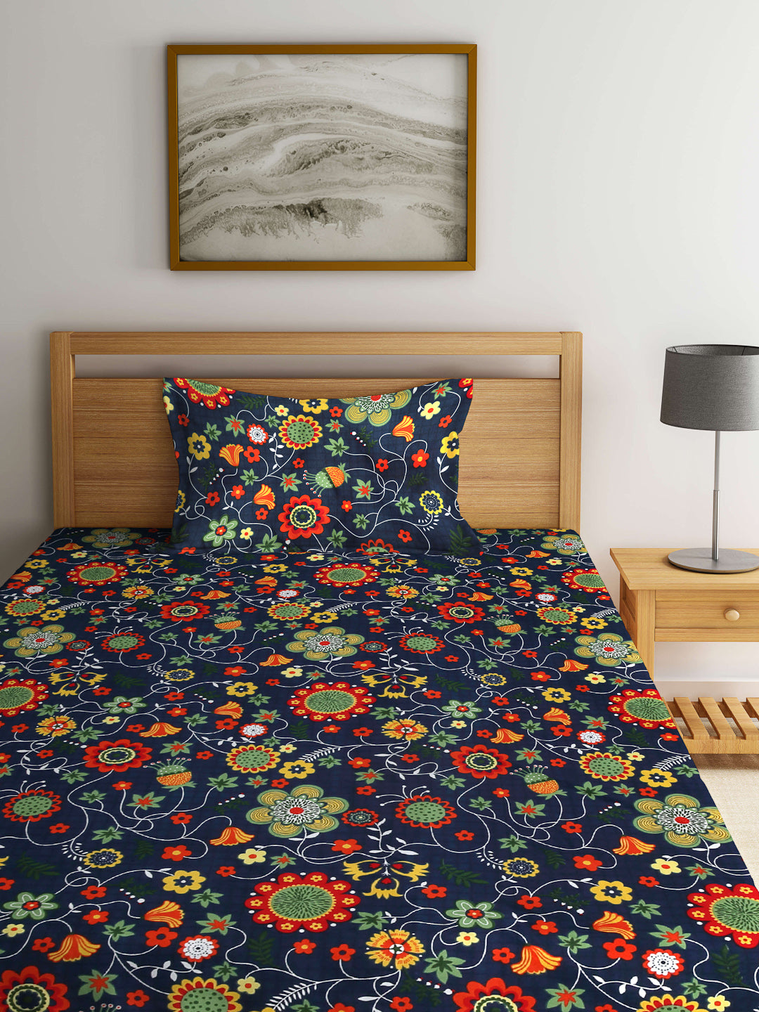 Arrabi Blue Floral TC Cotton Blend Single Size Bedsheet with 1 Pillow Cover (215 x 150 cm)