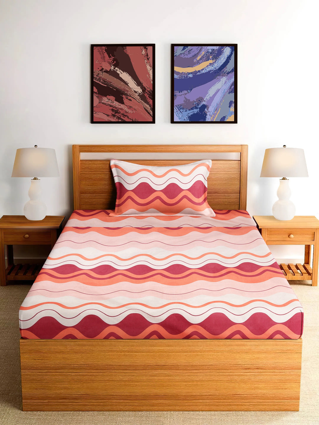 Arrabi Pink Stripes TC Cotton Blend Single Size Fitted Bedsheet with 1 Pillow Cover (215 x 150 cm)