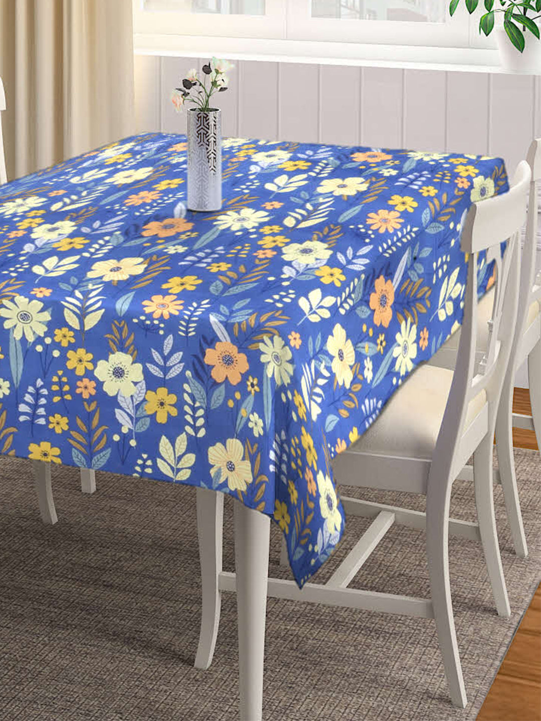 Arrabi Blue Floral Cotton Blend 6 SEATER Table Cover (180 x 130 cm)