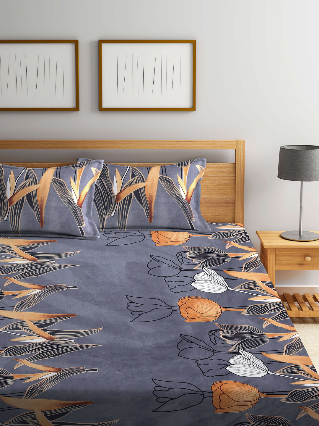 Arrabi Grey Floral TC Cotton Blend King Size Bookfold Bedsheet with 2 Pillow Covers (250 X 215 cm)