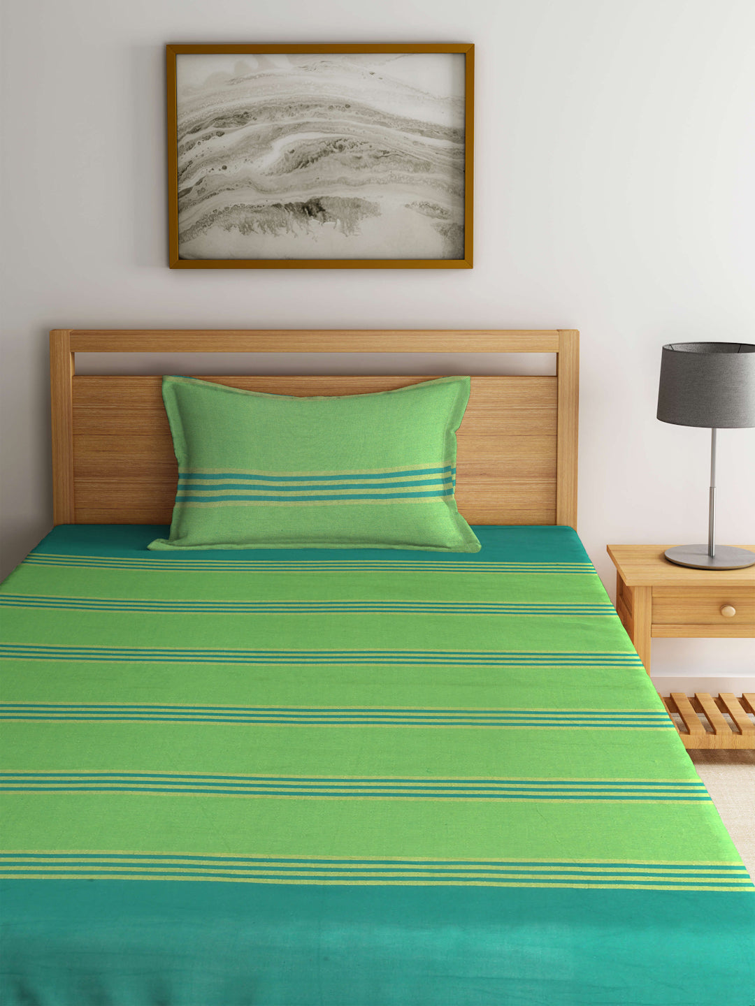 Arrabi Green Striped Handwoven Cotton Single Size Bedsheet with 1 Pillow Cover (215 x 150 cm)