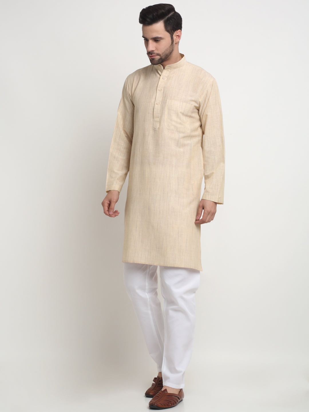 Arrabi Men Indian Fashion Cream Pure Cotton Solid Straight Kurta