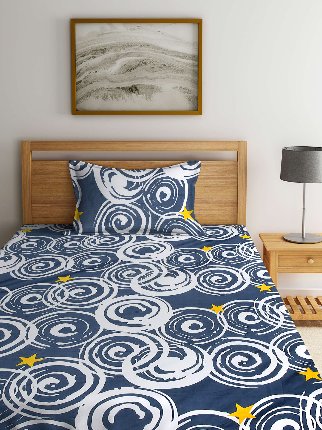 Arrabi Grey Geometric TC Cotton Blend Single Size Bedsheet with 1 Pillow Cover (215 x 150 cm)