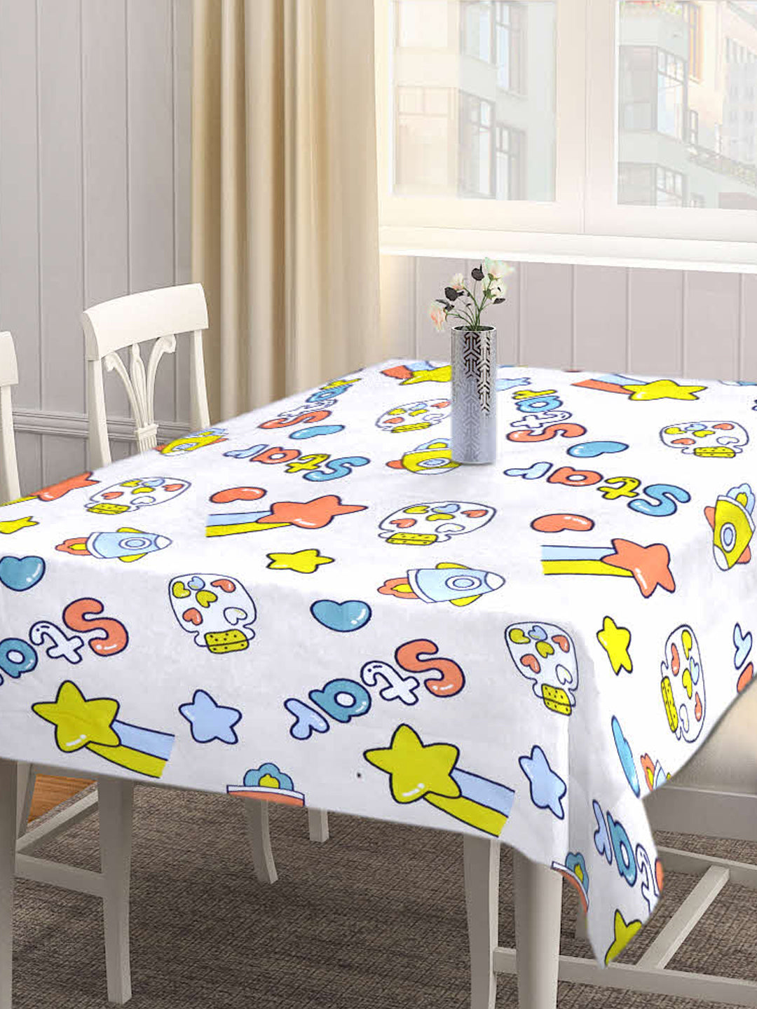Arrabi Beige Cartoon Cotton Blend 6 SEATER Table Cover (180 X 130 cm)