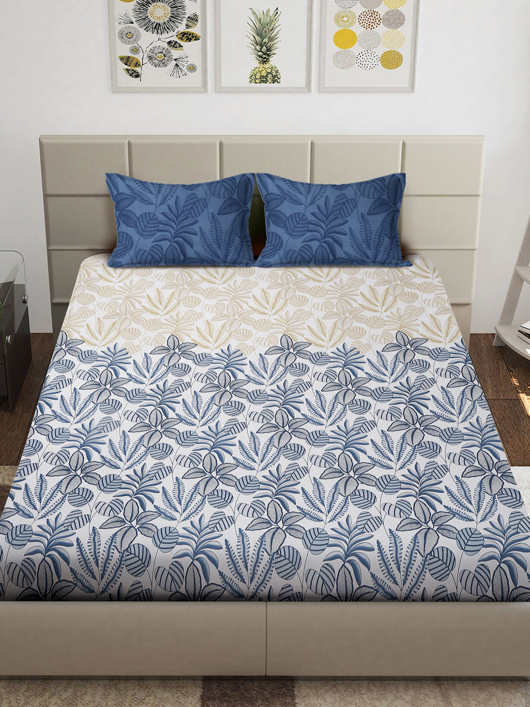 Arrabi White Floral TC Cotton Blend Super King Size Fitted Bedsheet with 2 Pillow Covers (270 x 260 cm)