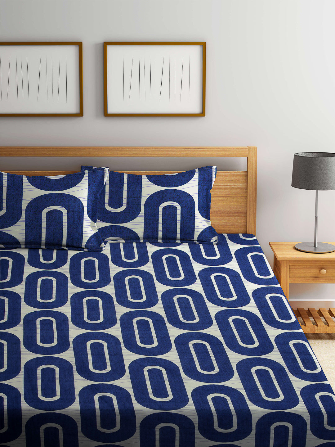 Arrabi Blue Geometric TC Cotton Blend Super King Size Bedsheet with 2 Pillow Cover (270 x 260 cm)