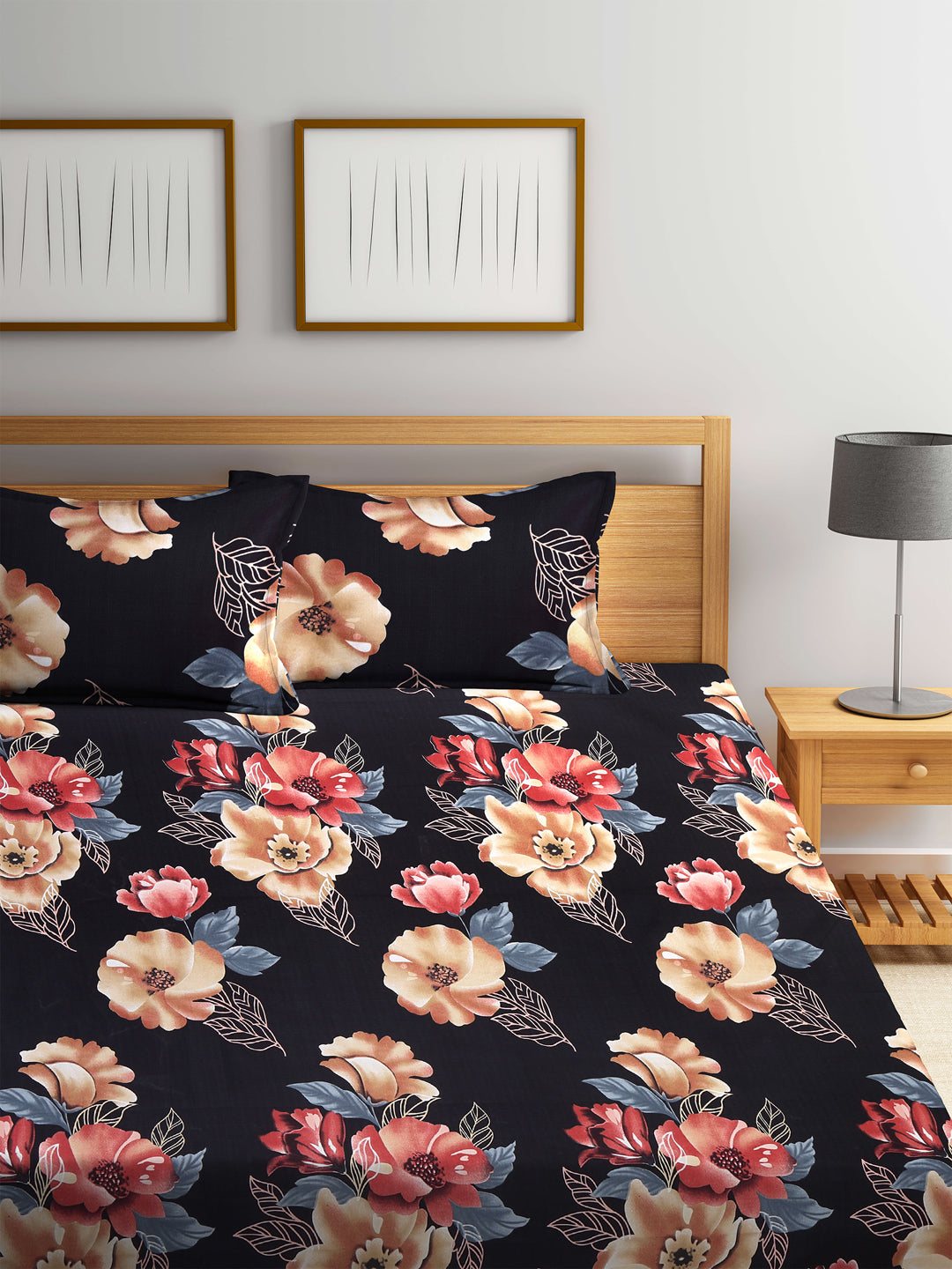 Arrabi Black Floral TC Cotton Blend King Size Bookfold Bedsheet with 2 Pillow Covers (250 X 220 cm)