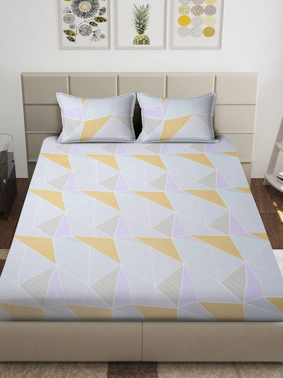 Arrabi Multi Geometric TC Cotton Blend King Size Bedsheet with 2 Pillow Covers (250 x 215 cm)