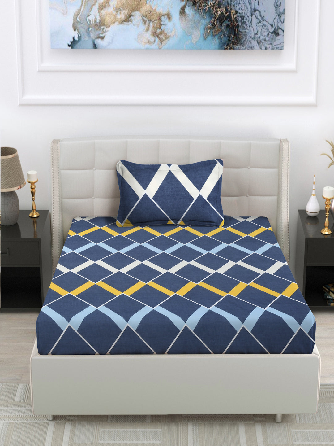 Arrabi Grey Geometric TC Cotton Blend Single Size Bedsheet with 1 Pillow Cover (215 x 150 cm)