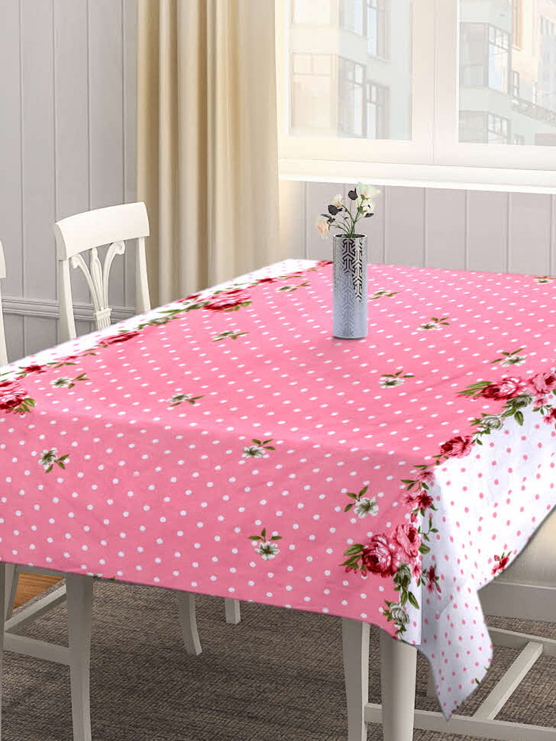 Arrabi Pink Floral Cotton Blend 8 SEATER Table Cover (215 X 150 cm)