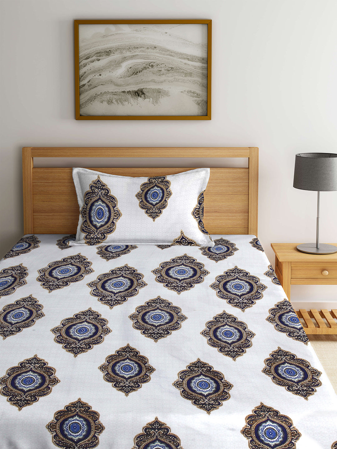 Arrabi White Indian TC Cotton Blend Single Size Fitted Bedsheet with 1 Pillow Cover (220 X 150 cm)
