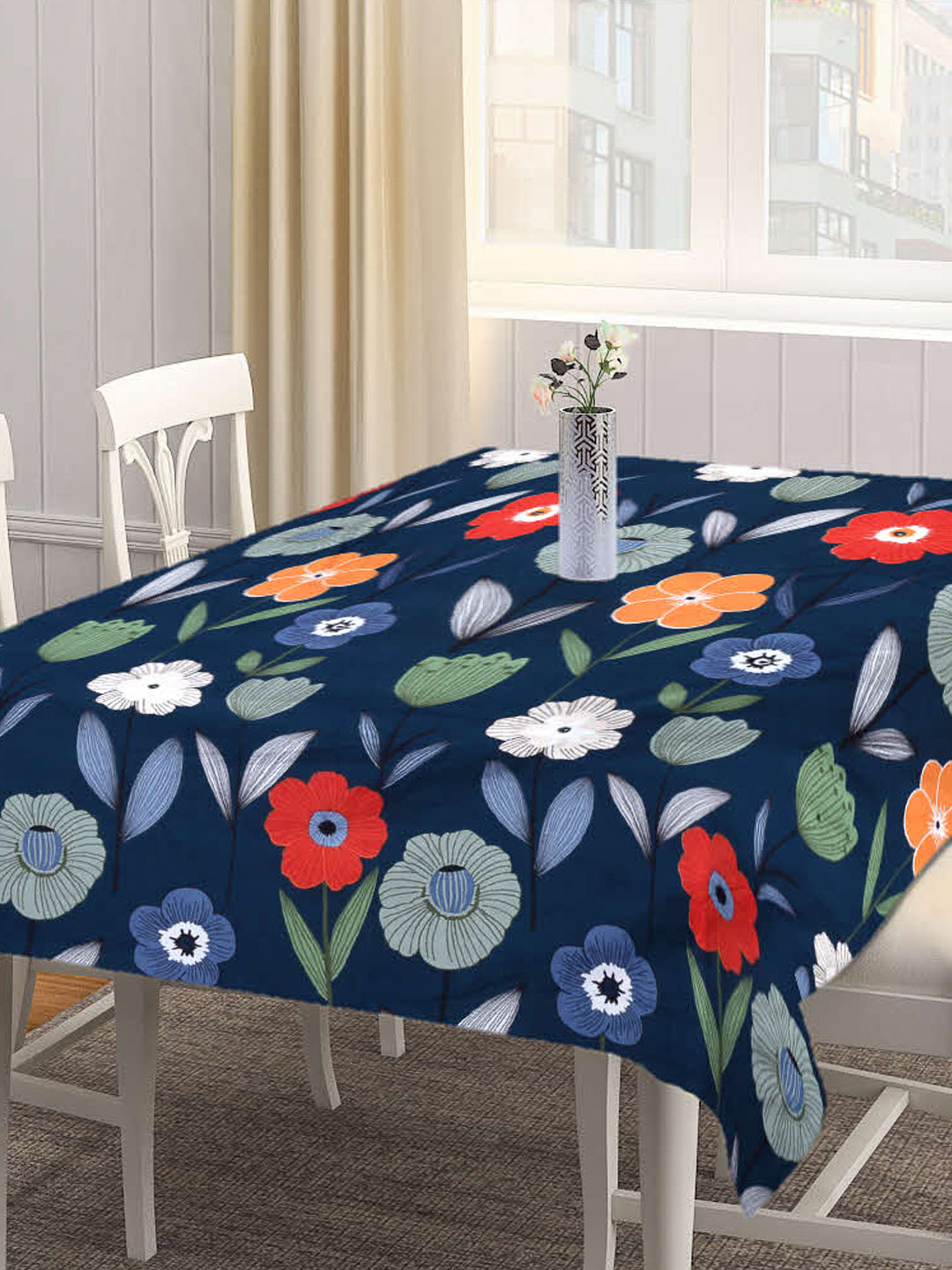 Arrabi Blue Floral Cotton Blend 8 SEATER Table Cover (215 X 150 cm)