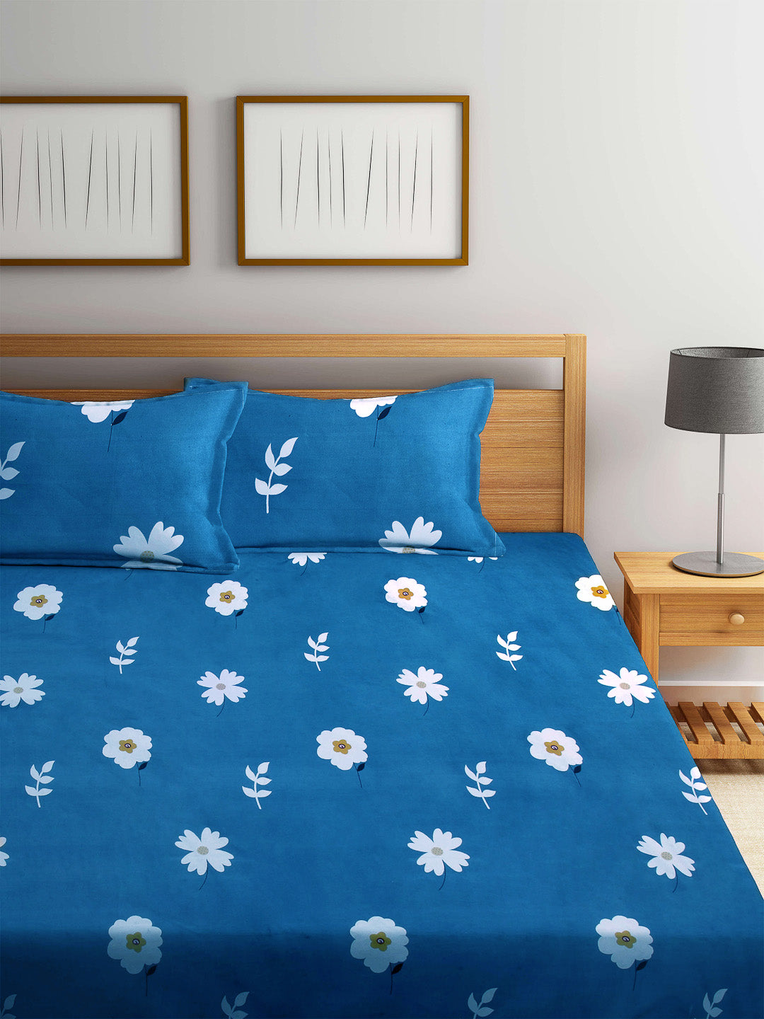 Arrabi Teal Floral TC Cotton Blend Super King Size Bookfold Bedsheet with 2 Pillow Covers (270 X 260 cm)