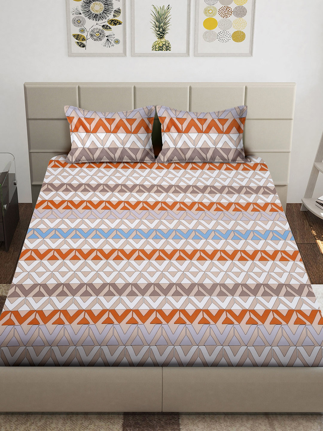 Arrabi Brown Geometric TC Cotton Blend King Size Bedsheet with 2 Pillow Covers (250 x 215 cm)