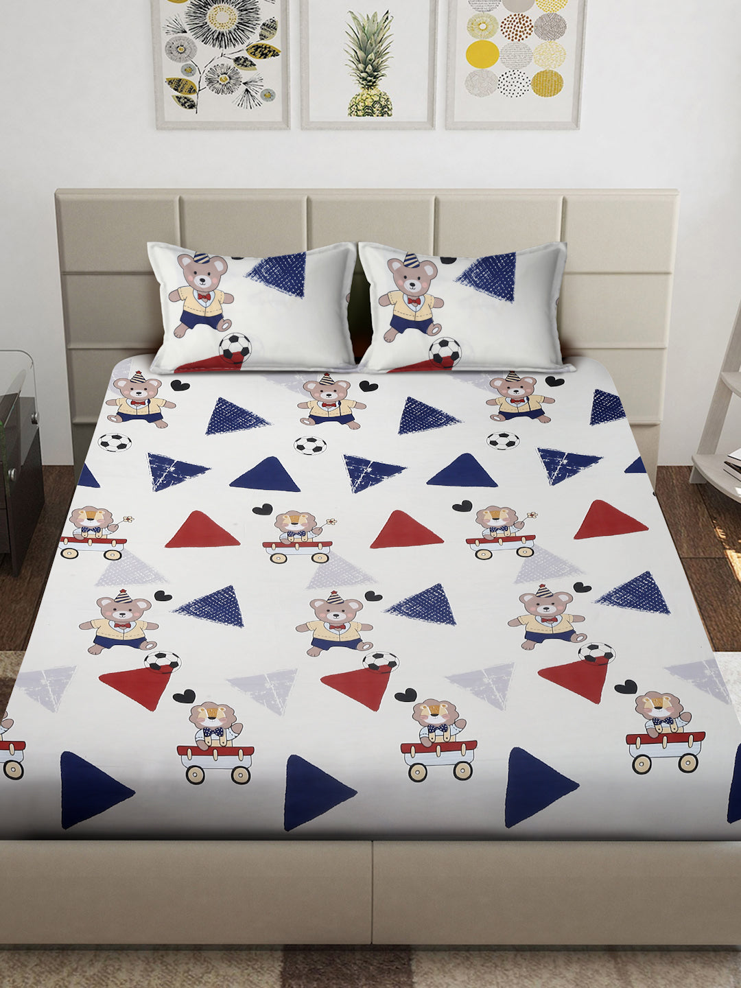 Arrabi Cream Cartoon TC Cotton Blend Super King Size Bedsheet with 2 Pillow Covers (270 x 260 cm)