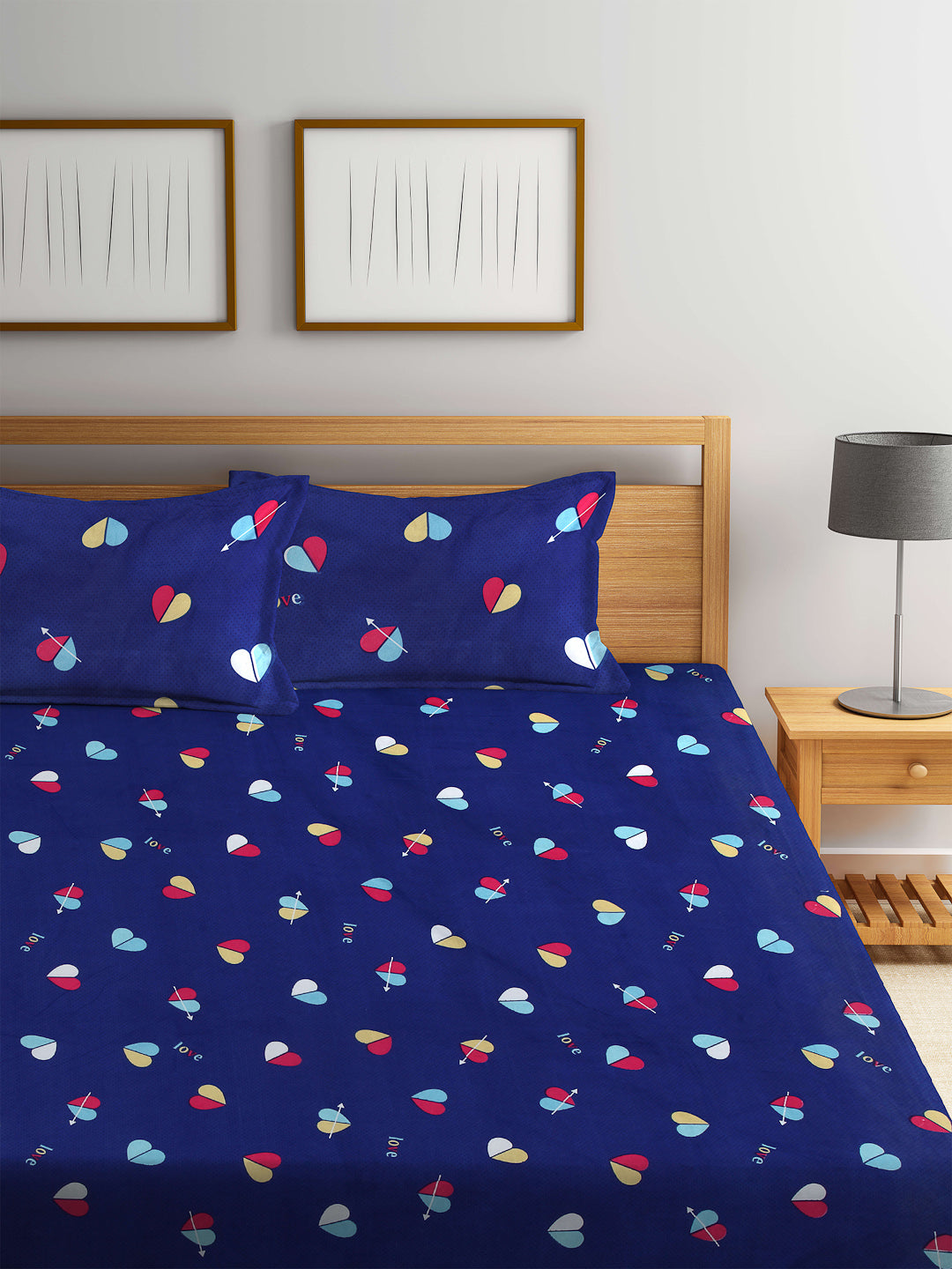 Arrabi Blue Graphic TC Cotton Blend King Size Bookfold Bedsheet with 2 Pillow Covers (250 X 220 cm)