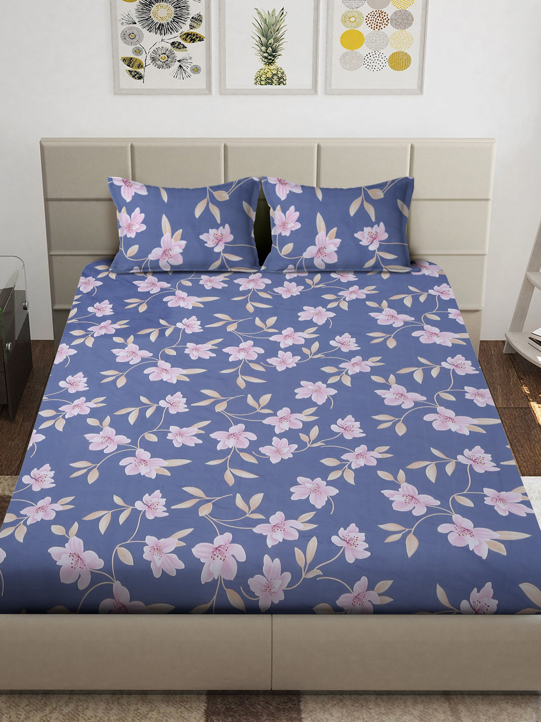 Arrabi Blue Floral TC Cotton Blend King Size Bedsheet with 2 Pillow Covers (250 x 215 cm)
