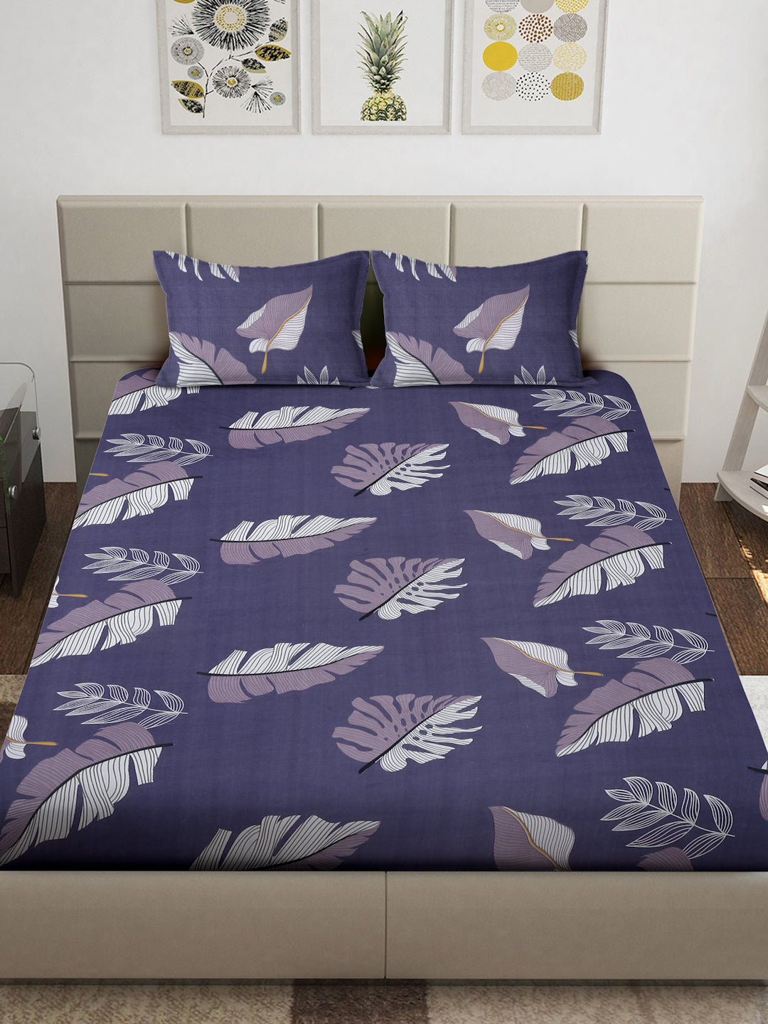 Arrabi Purple Leaf TC Cotton Blend King Size Bedsheet with 2 Pillow Covers (250 x 215 cm)
