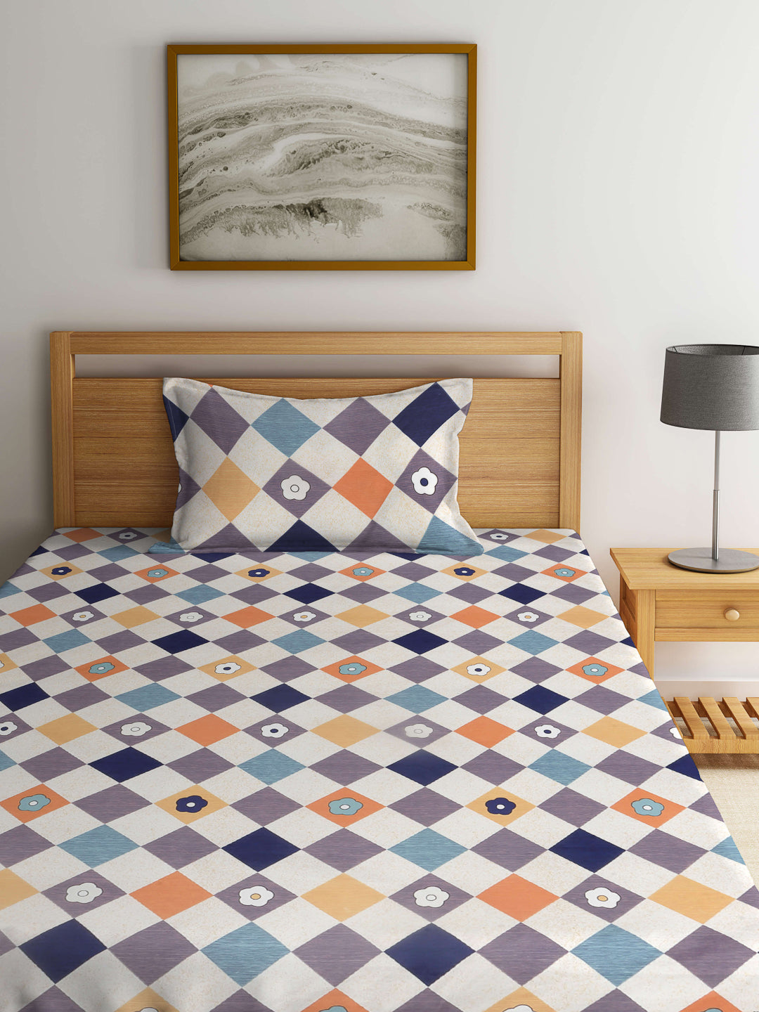 Arrabi Multi Geometric TC Cotton Blend Single Size Bedsheet with 1 Pillow Cover (215 x 150 cm)