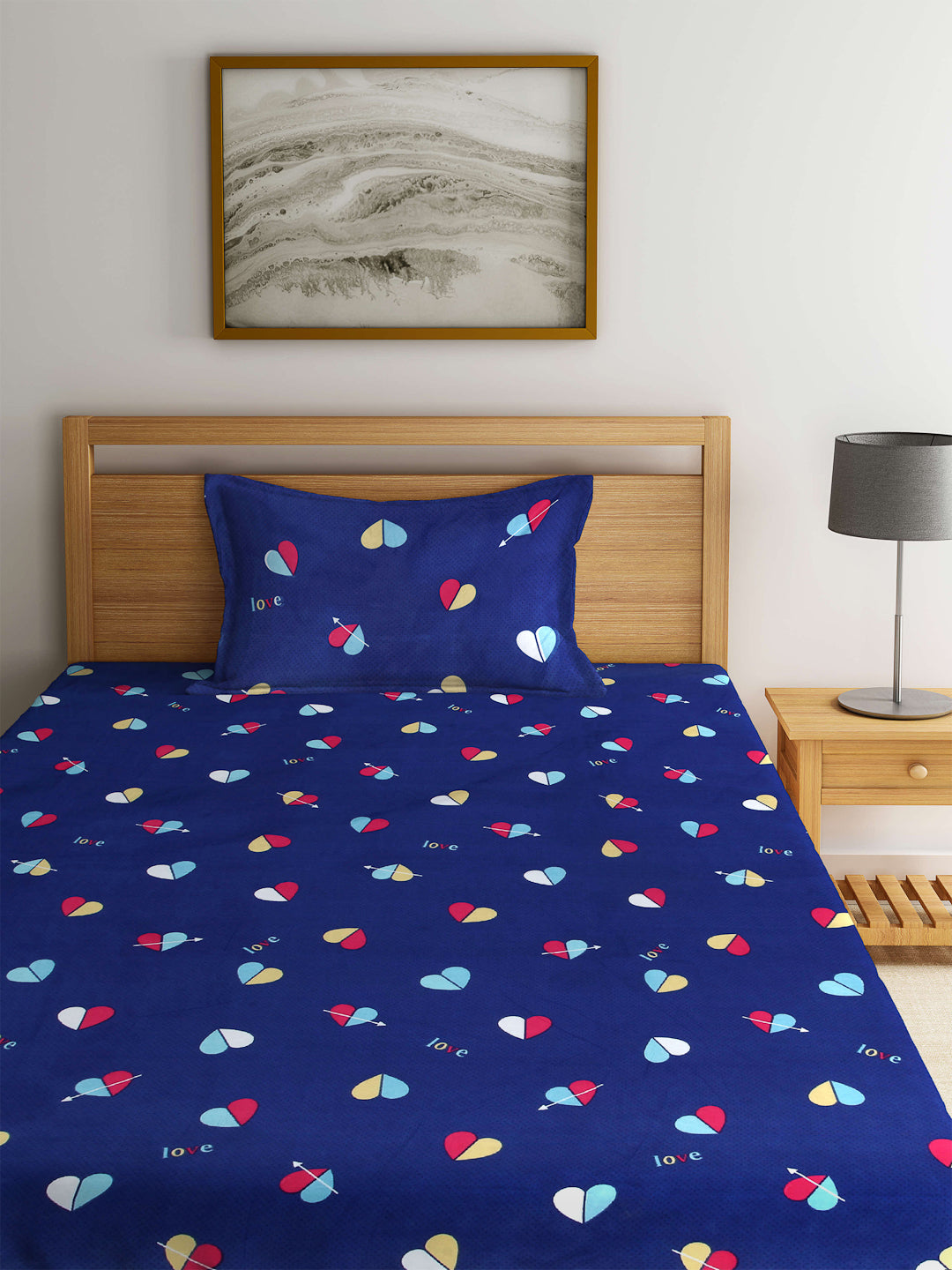 Arrabi Blue Graphic TC Cotton Blend Single Size Fitted Bedsheet with 1 Pillow Cover (220 X 150 cm)